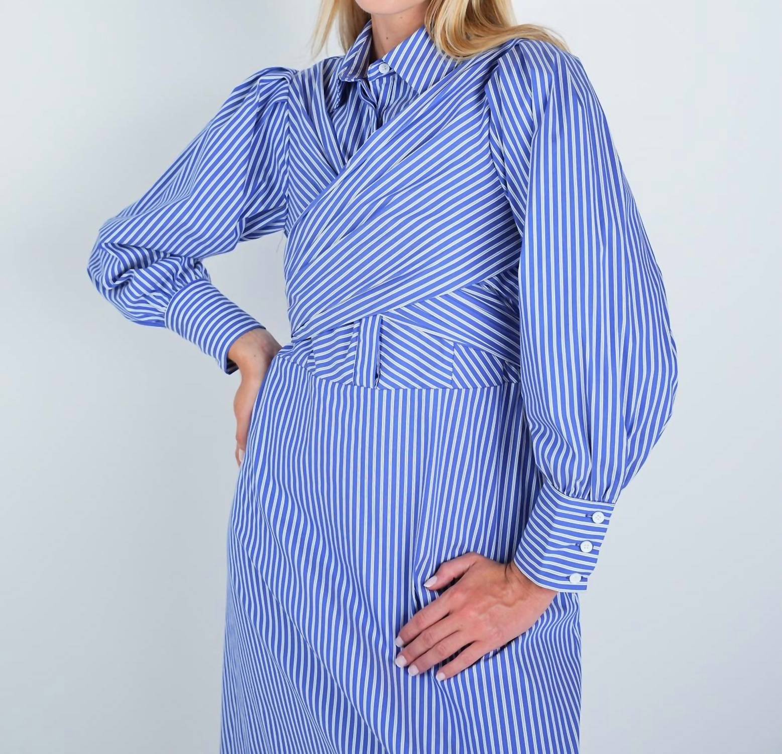 John Abgin - Cotton Striped Criss-Cross Midi Shirt Dress