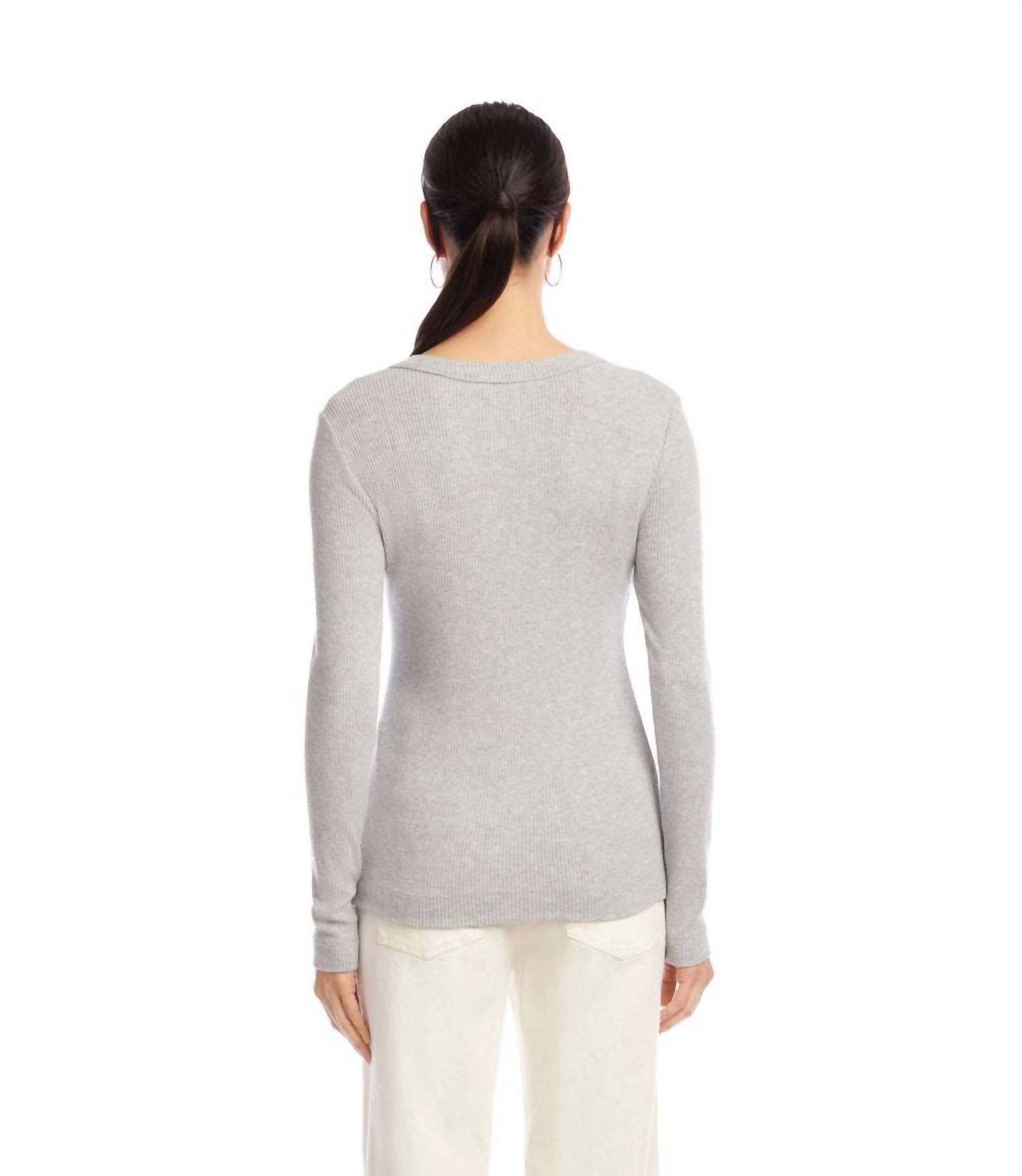 Karen Kane Long Sleeve Ribbed V-neck Top - Petite in heather gray - women's long sleeve top - alternate view