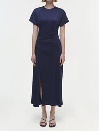 JONATHAN SIMKHAI Marabella Short Sleeve Draped Midi Dress in midnight - women's dress