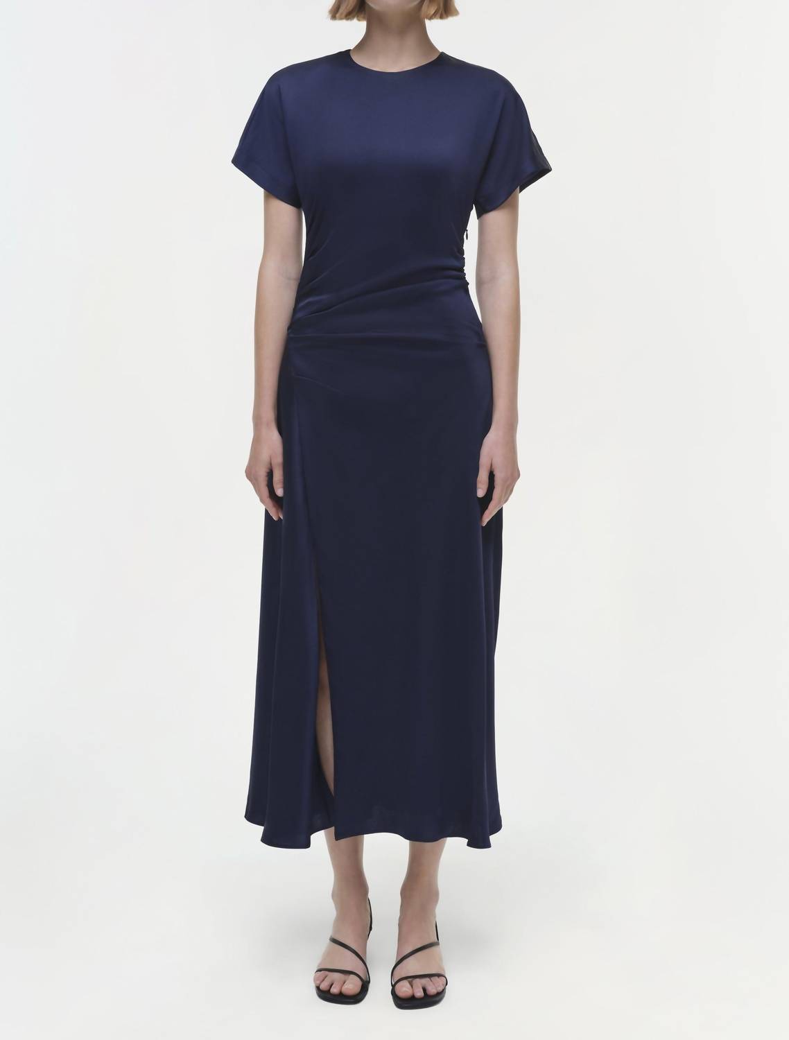 JONATHAN SIMKHAI Marabella Short Sleeve Draped Midi Dress in midnight - women's dress