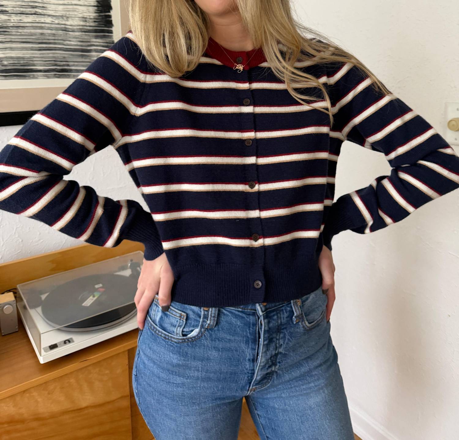 Elle Grey Zara Striped Button Cardigan in navy - women's cardigan - alternate view