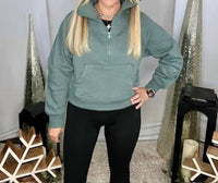 ZENANA Fleece Half Zip Kangaroo Pocket Sweatshirt Top in green - women's top