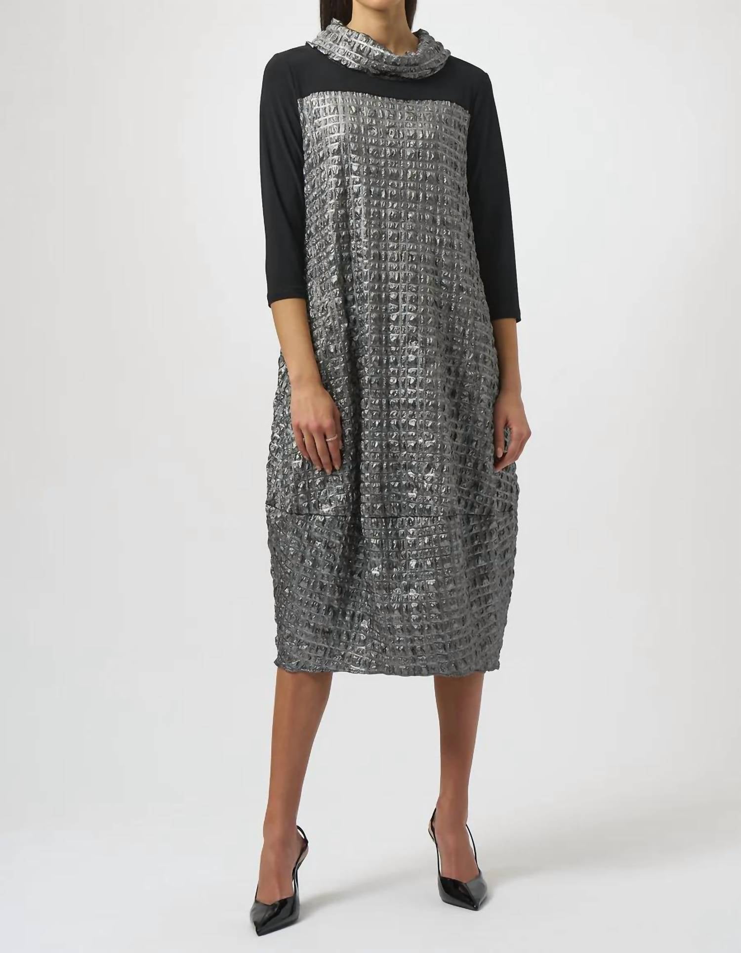 Joseph Ribkoff Cowl Neck 3/4 Sleeves Cocoon Dress in pewter black - women's dress