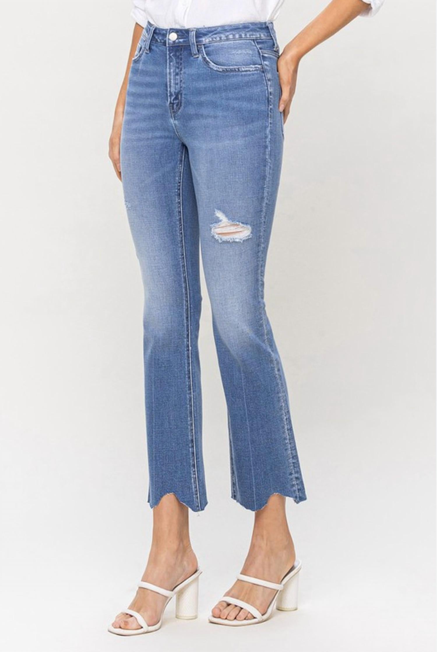Flying Monkey - Scalloped Hem High Rise Kick Crop Flare Jeans