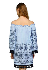 Velzera - Embroidered Off The Shoulder Tassel Mini Dress
