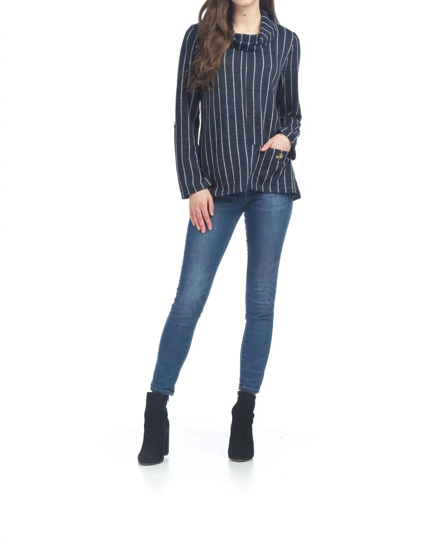 Papillon - Striped Cowl Neck Sweater Top With Pocket