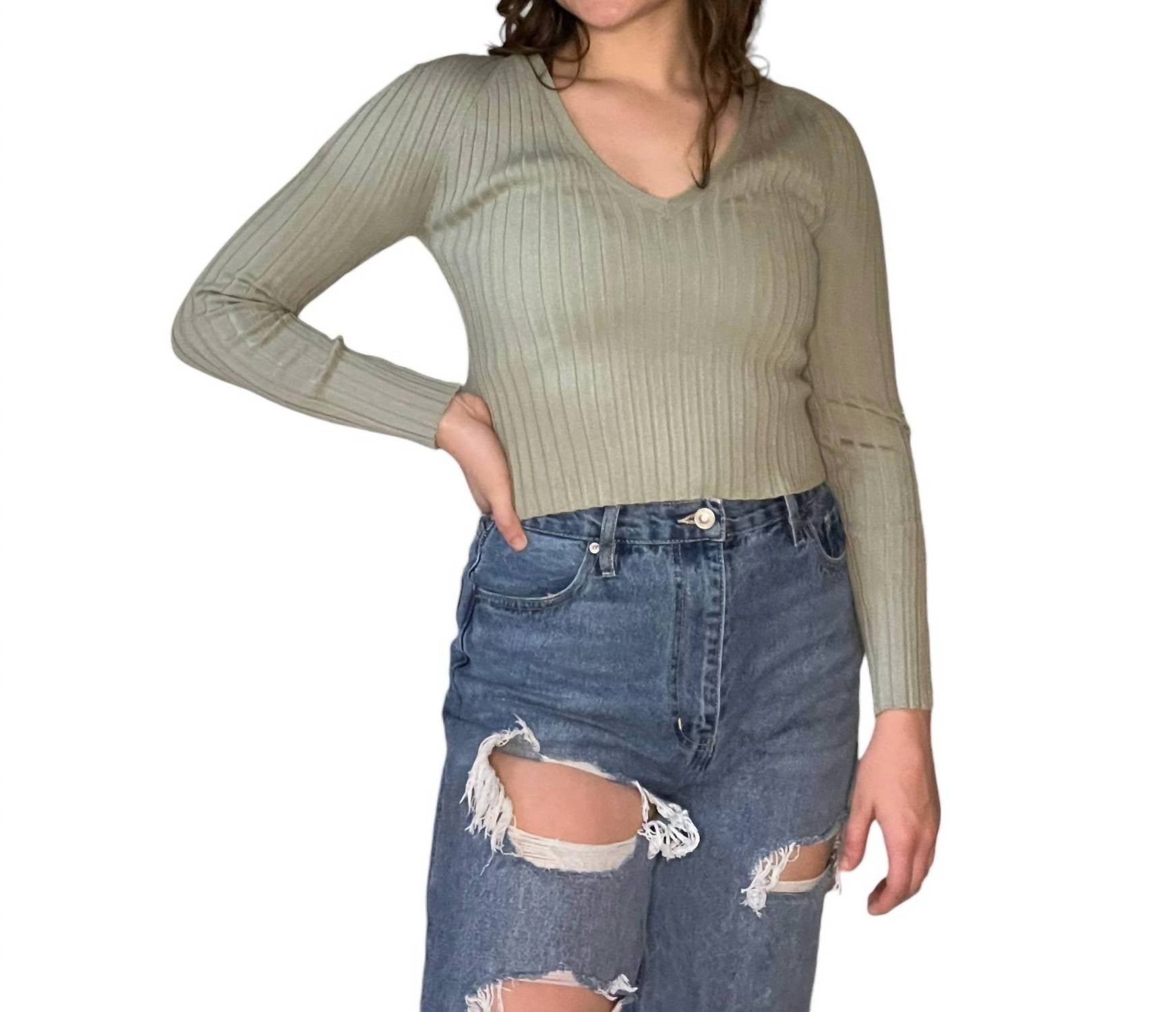 Miss Love - V Neck Long Sleeve Ribbed Sweater