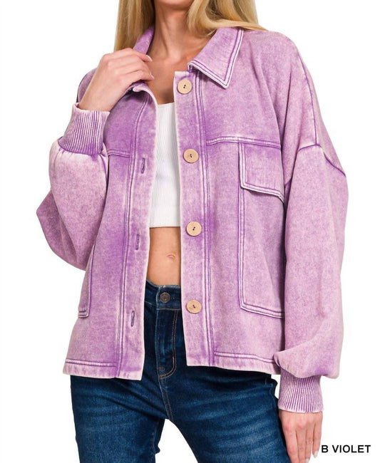 Zenana - Acid Wash Fleece Cropped Shacket With Front Pockets