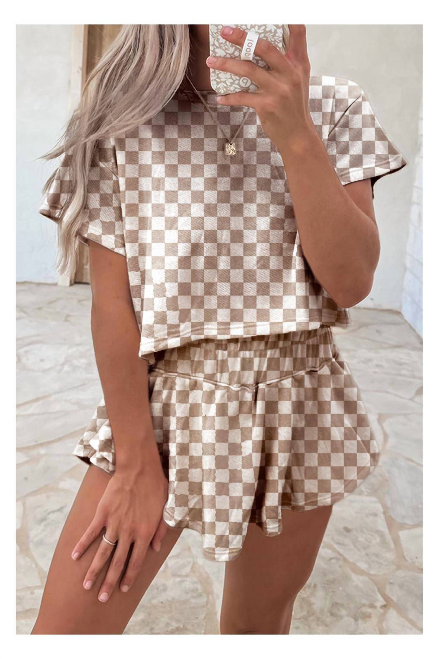 Aapparella Checkerboard Skort Set in tan - women's sleepwear