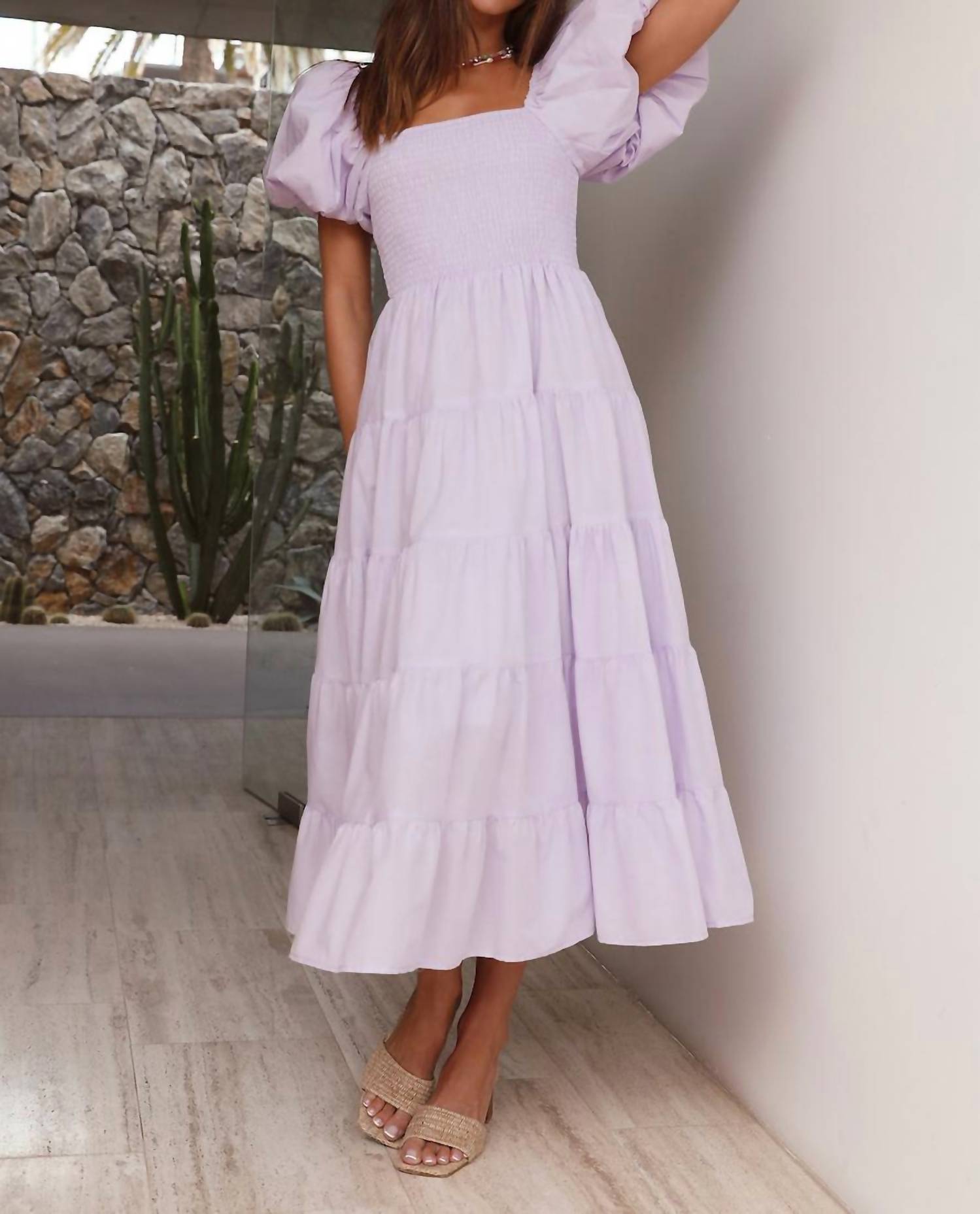 By Together Puff Sleeves Maxi Dress in lavender - women's dress - detail view