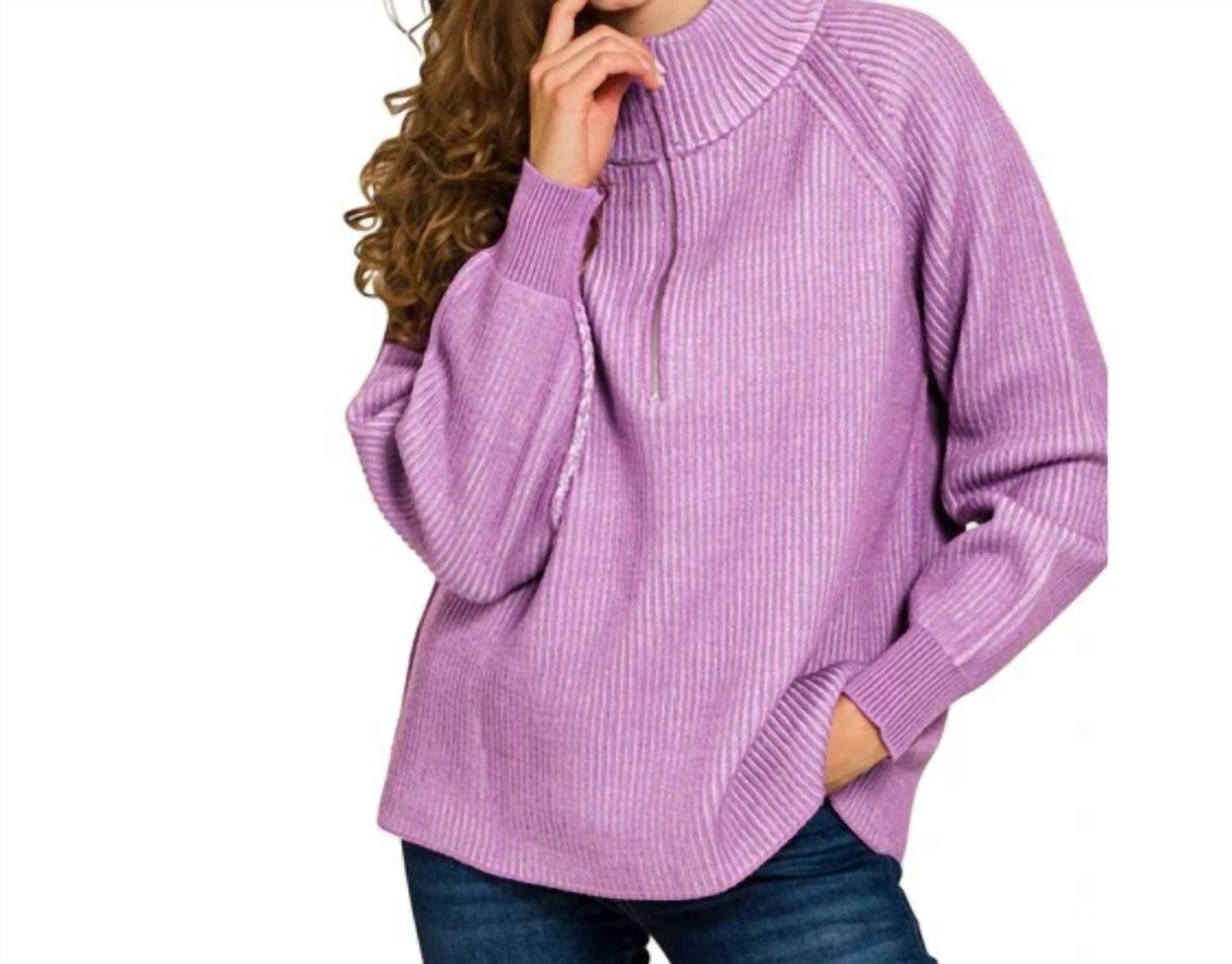 Zenana - Two-tone Half-zip Sweater