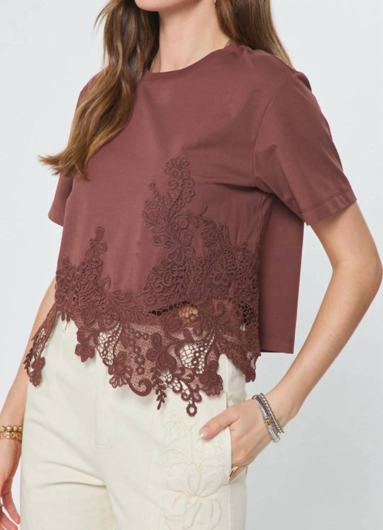 Current Air - Asymmetric Lace Hem Top