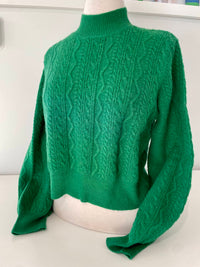 APRICOT Women's Fuzzy Aran Puff Sleeve Mock Neck Top in green - women's sweater