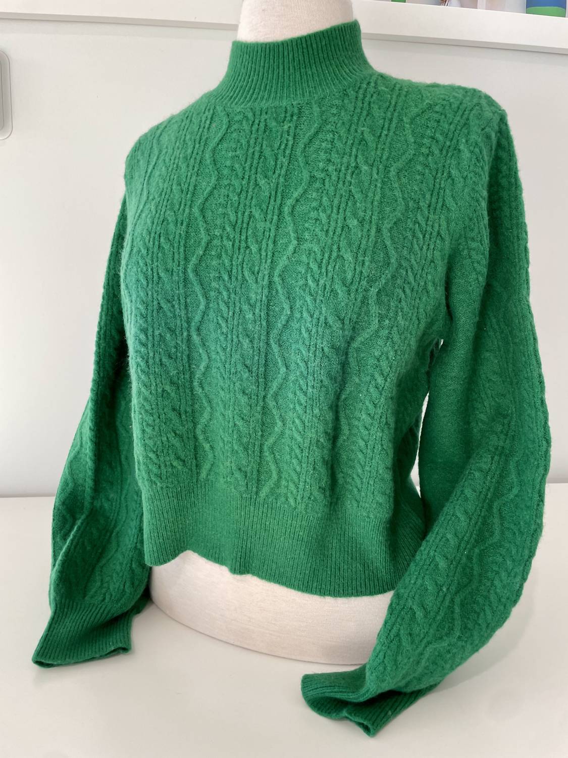 APRICOT Women's Fuzzy Aran Puff Sleeve Mock Neck Top in green - women's sweater
