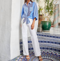 Karen Kane - Blouson Sleeve Mixed Stripe Tie-Front Top