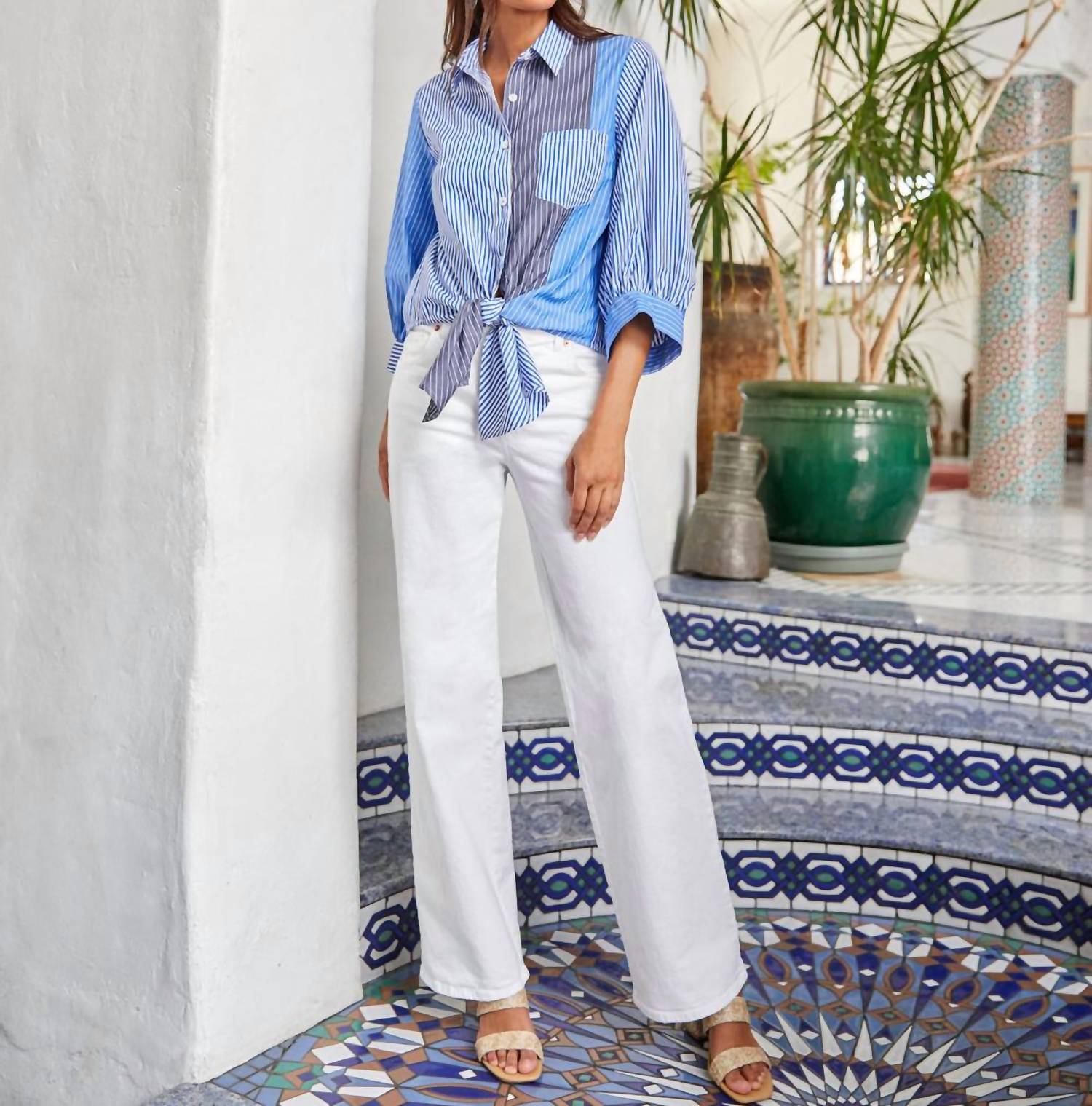 Karen Kane - Blouson Sleeve Mixed Stripe Tie-Front Top