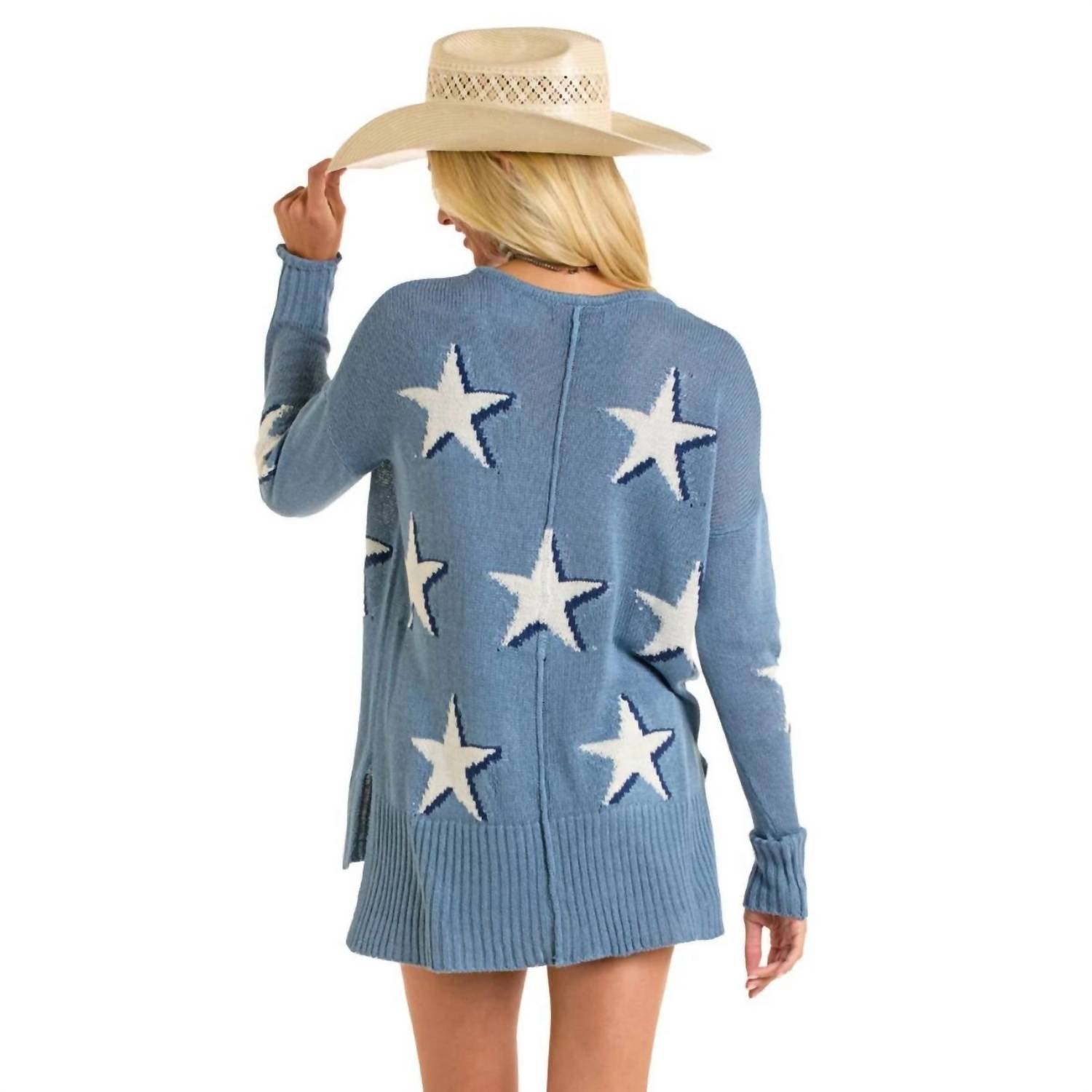 Rock & Roll Denim Star Print Sweater in cerulean - women's sweater - view 5