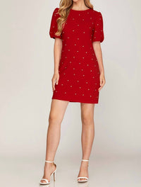 She + Sky - Scattered Rhinestone Trim Short Dress