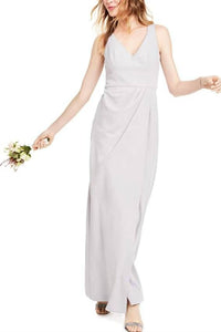 Adrianna Papell - V-neck Sleeveless Pleated Solid Crepe Dress