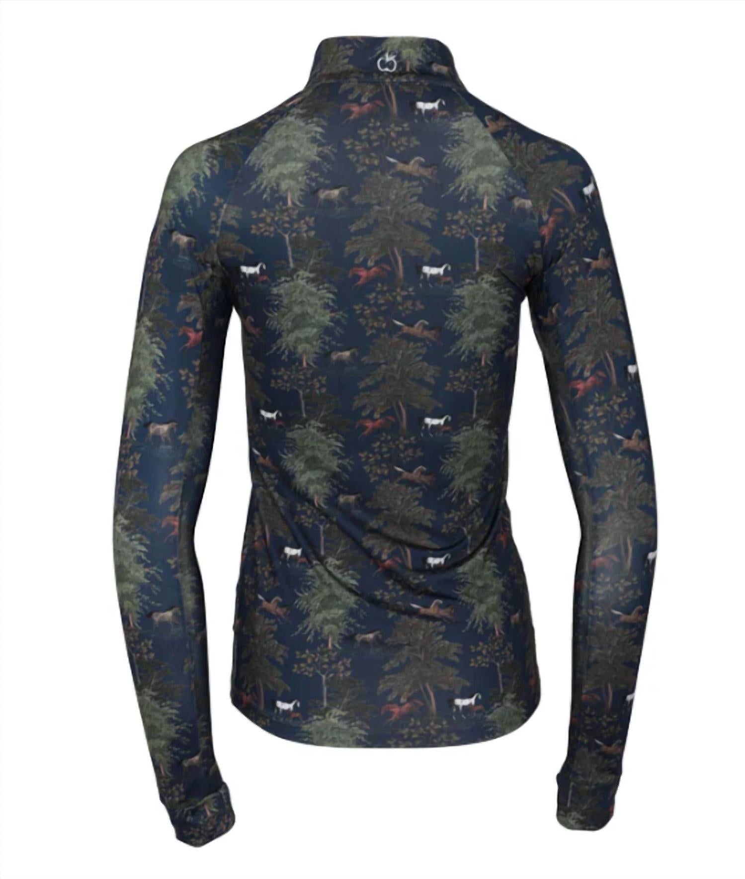 DAPPLEBAY Women's Autumn Toile Quarter Zip Shirt in green - women's top - alternate view