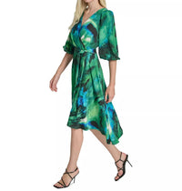 DKNY Women's Printed Sash-tie V-neck Elbow-sleeve Midi Dress in green - women's dress - alternate view