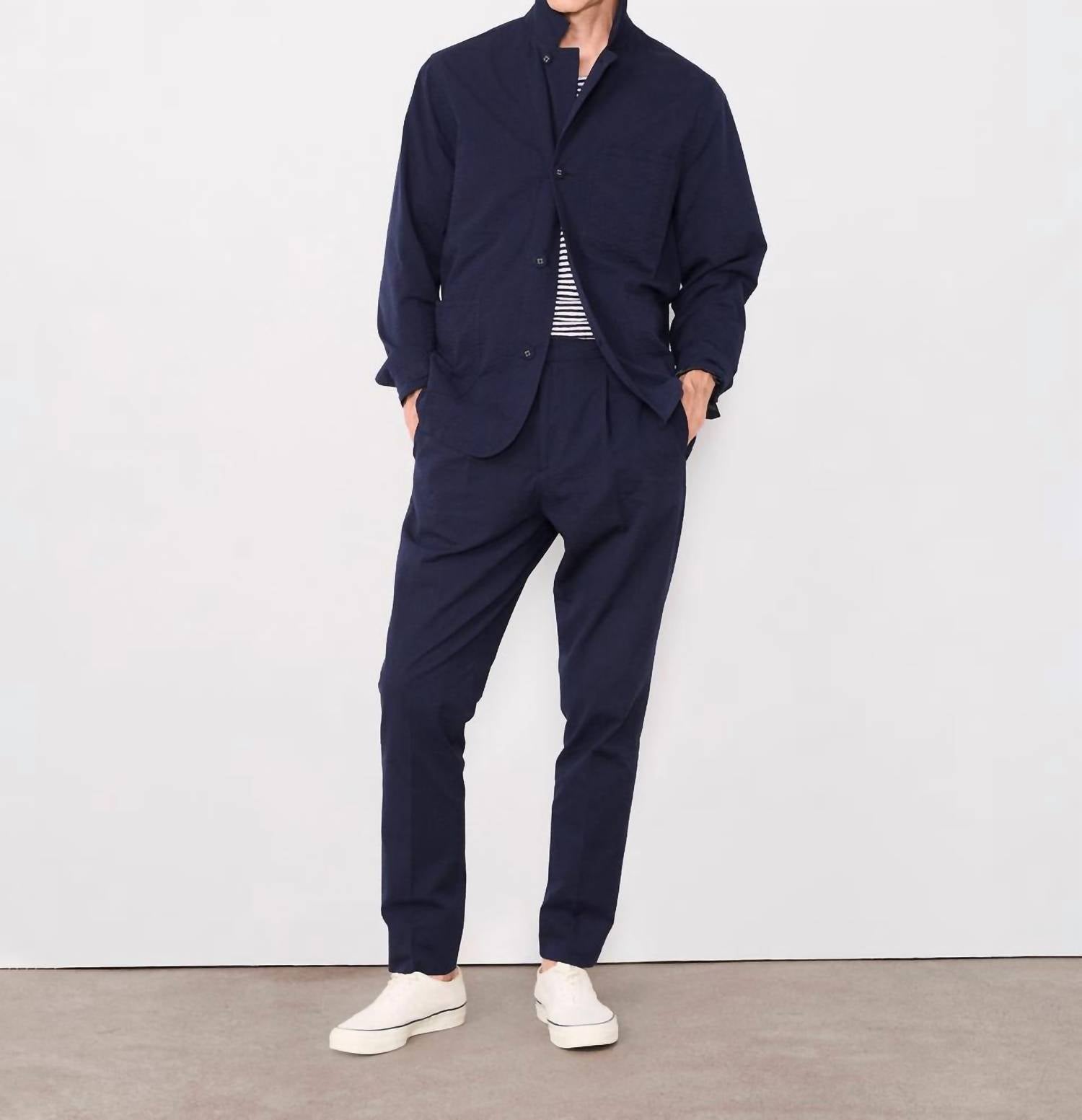 Officine Générale Sycamore Seersucker Overshirt in dark navy - men's shirt