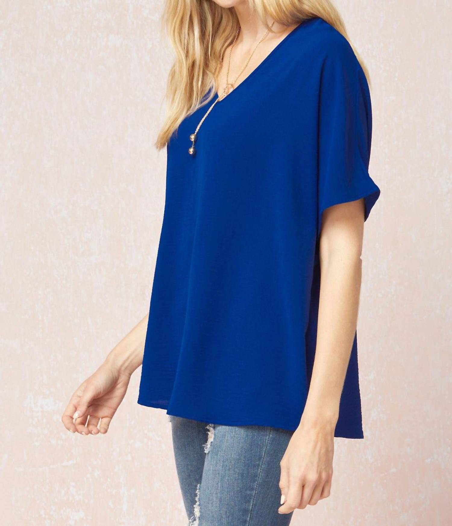 entro Solid V-neck Top in royal - women's t-shirt - alternate view