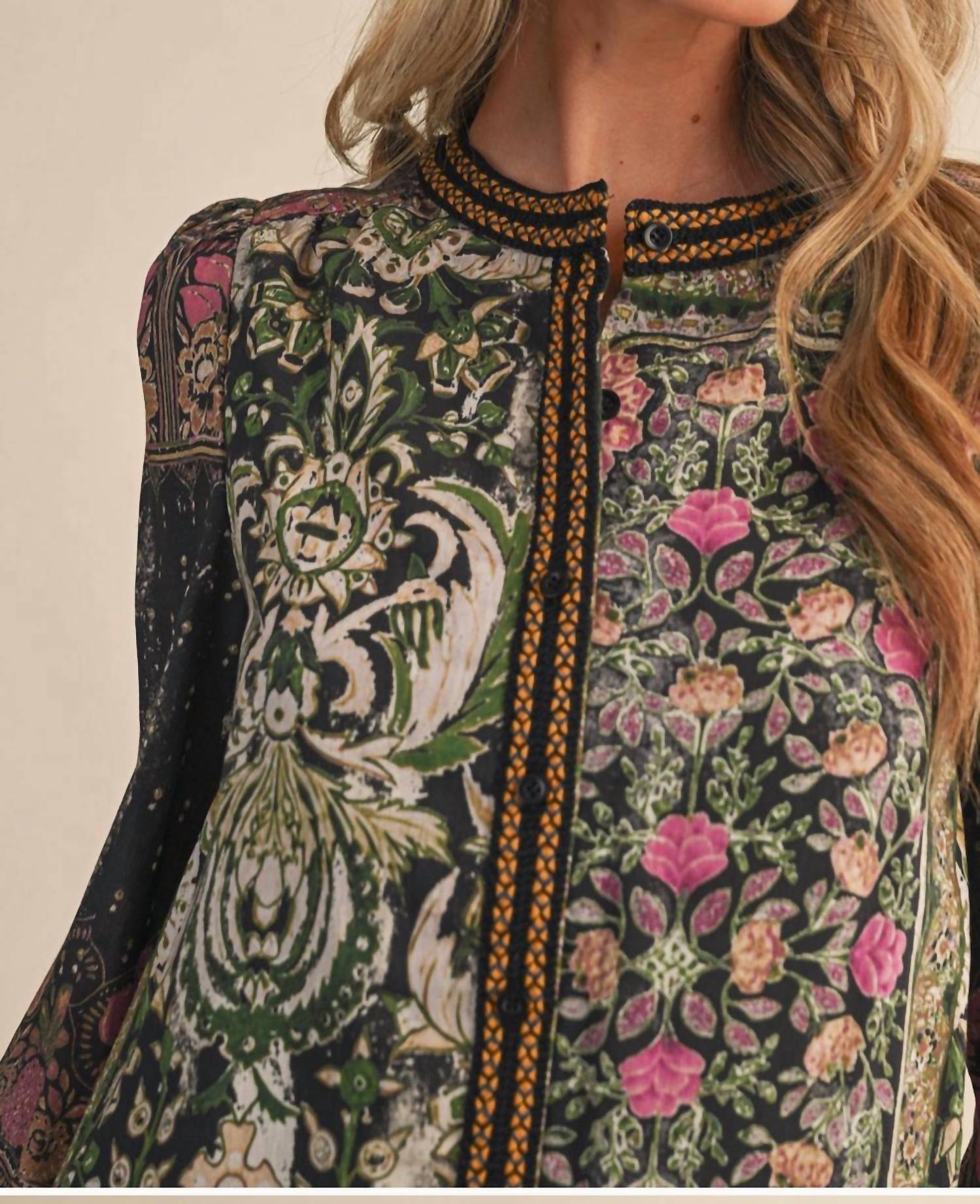 &merci Button Down Long Sleeve Tops in patchwork - women's long sleeve top - detail view
