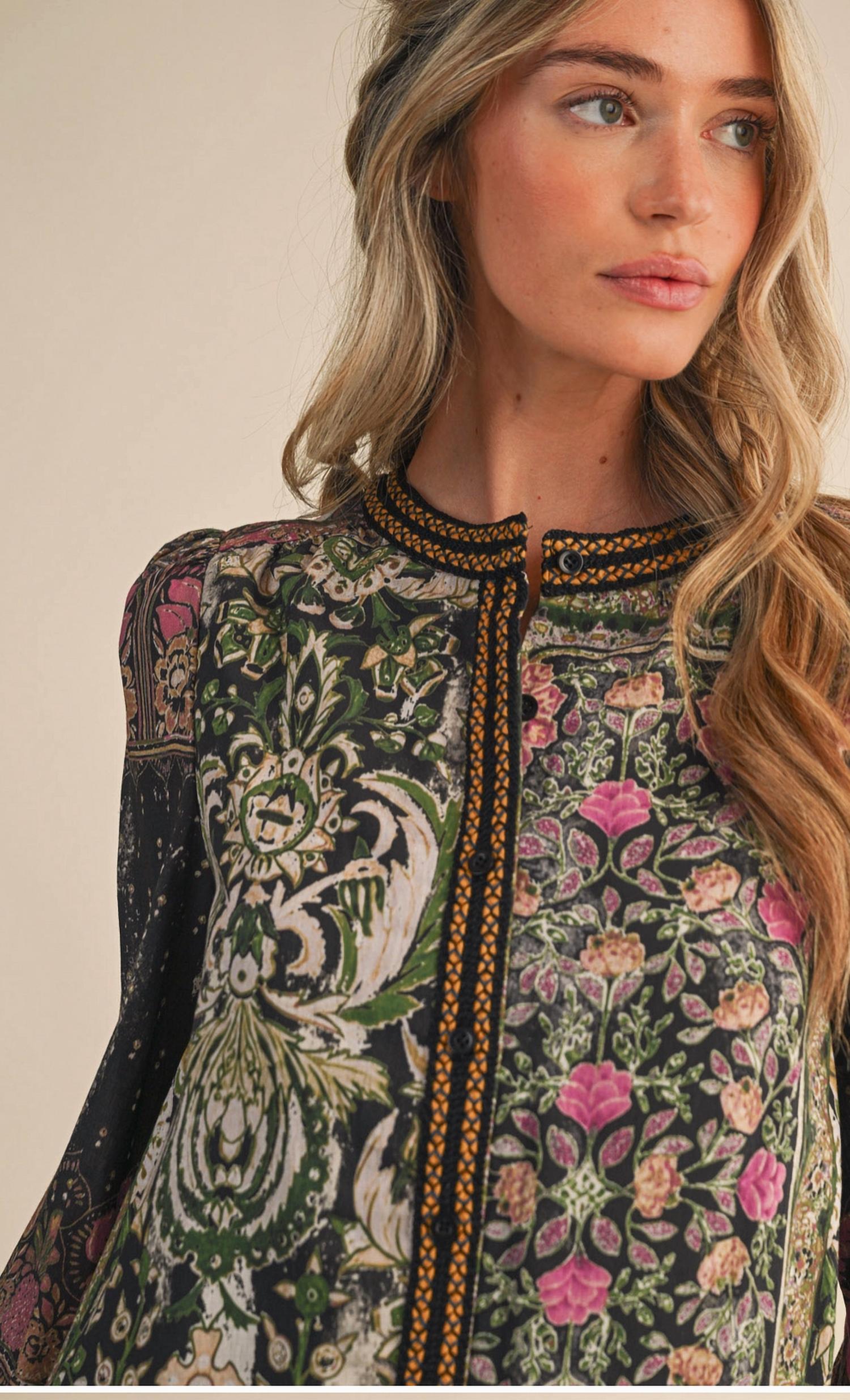 &merci Button Down Long Sleeve Tops in patchwork - women's long sleeve top - alternate view