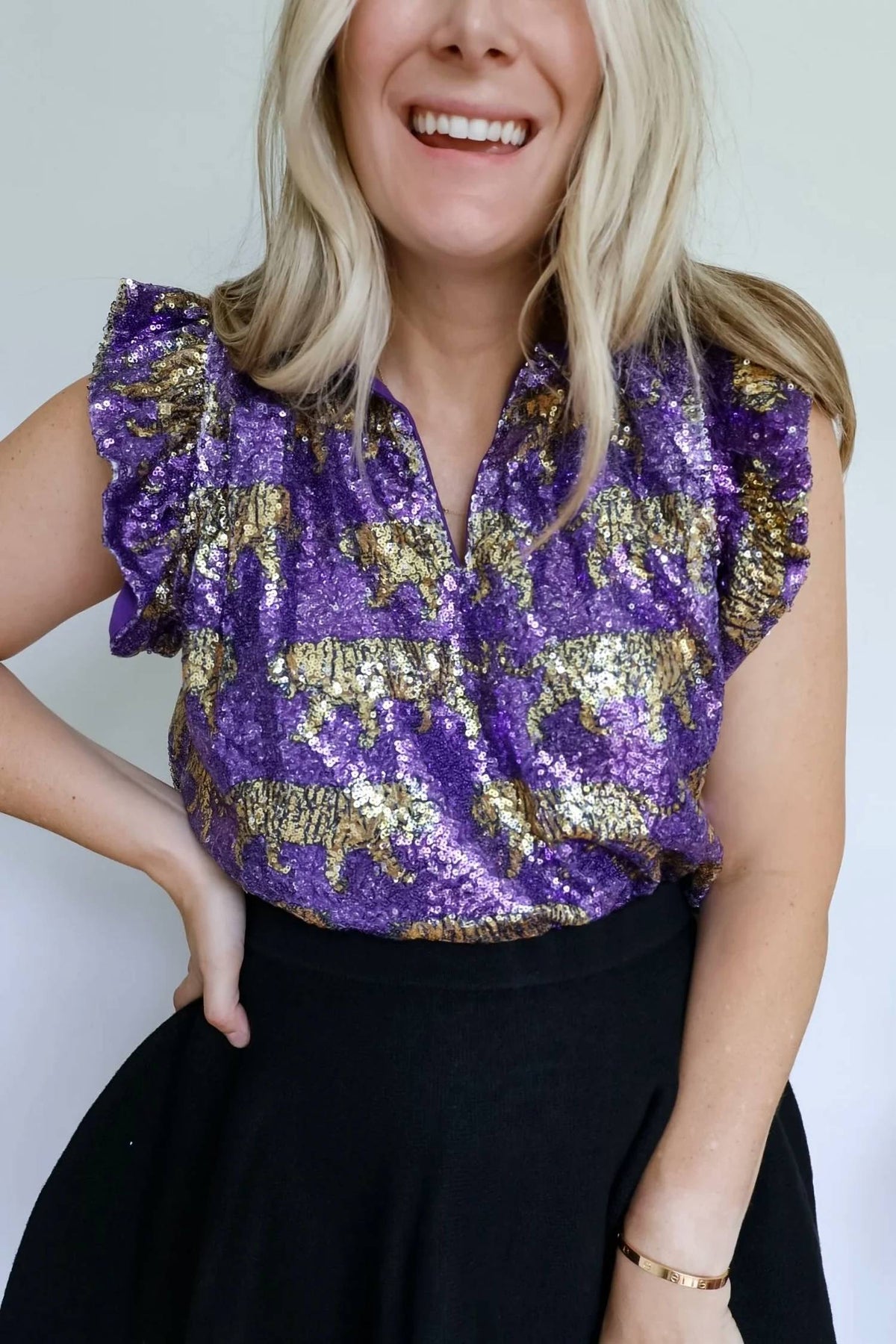 Nola Mercantile - Women's Tiger Sequin Flutter Sleeve Top