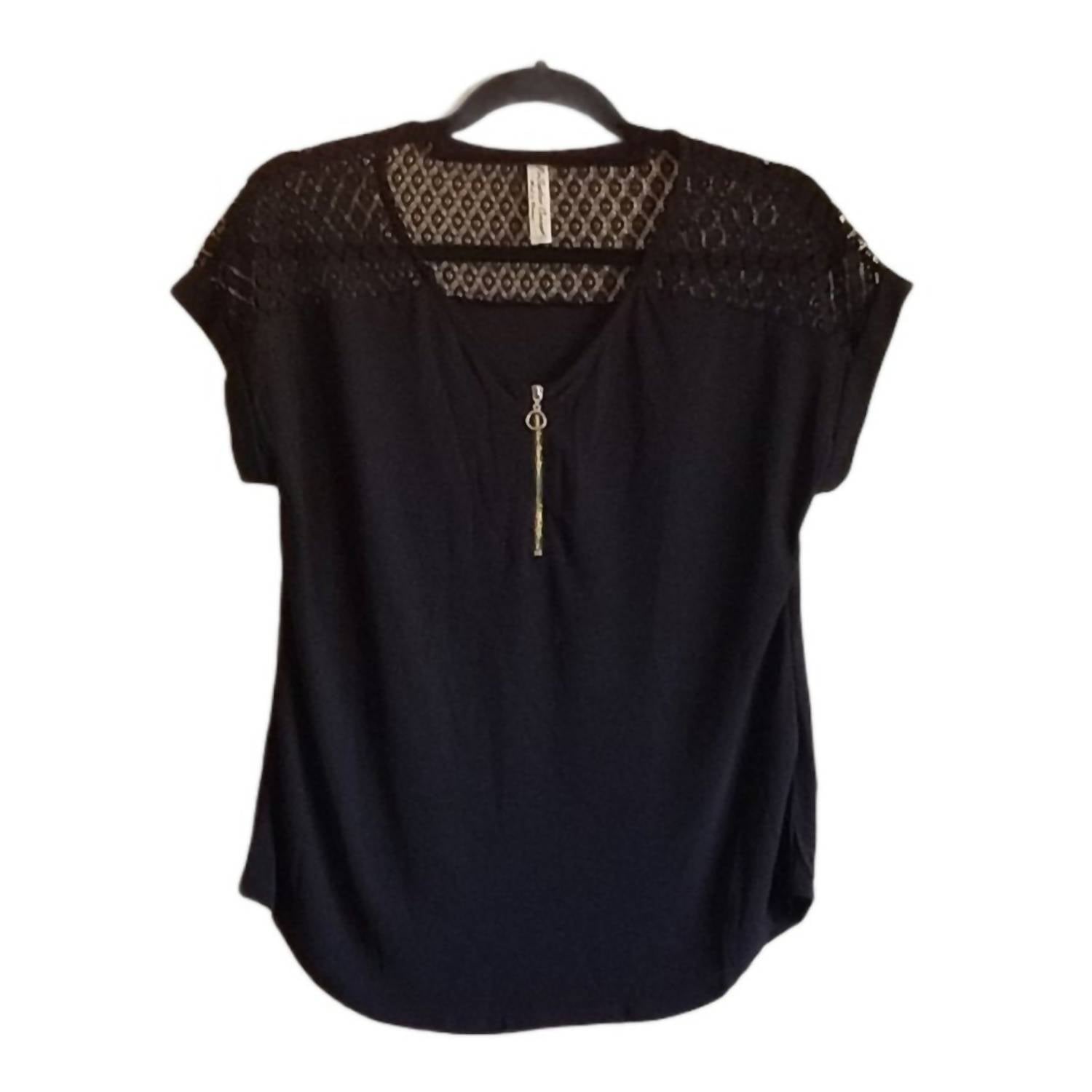 PerSeption Concept Women's Lace Yoke Zip Front Blouse Top in black - women's blouse