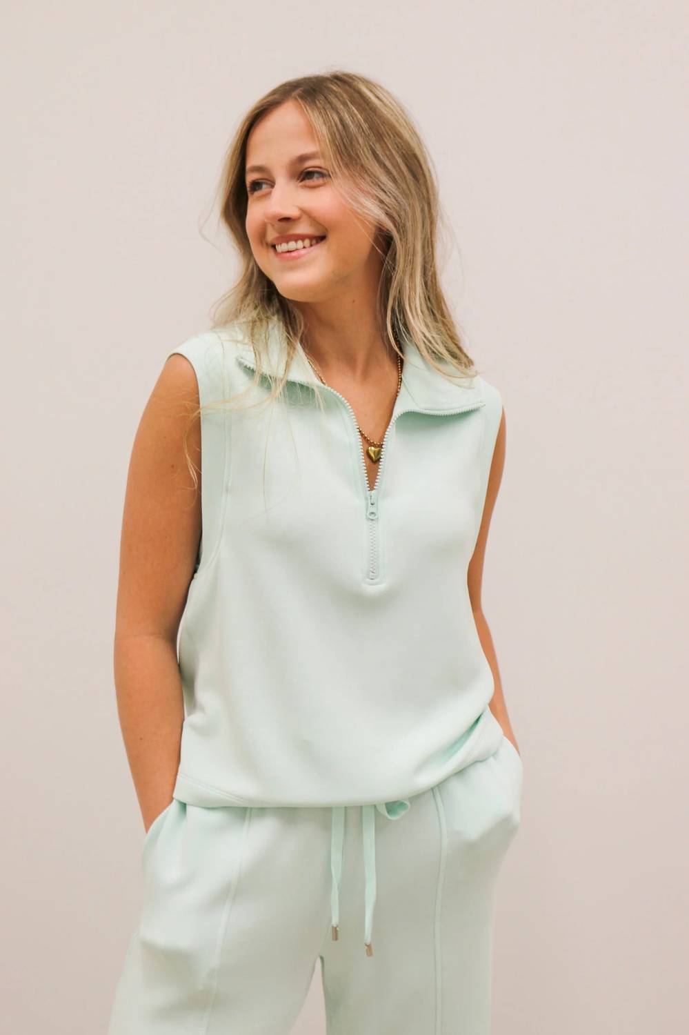 Skies Are Blue - Soft Modal Athleisure Sleeveless Half Zip Top