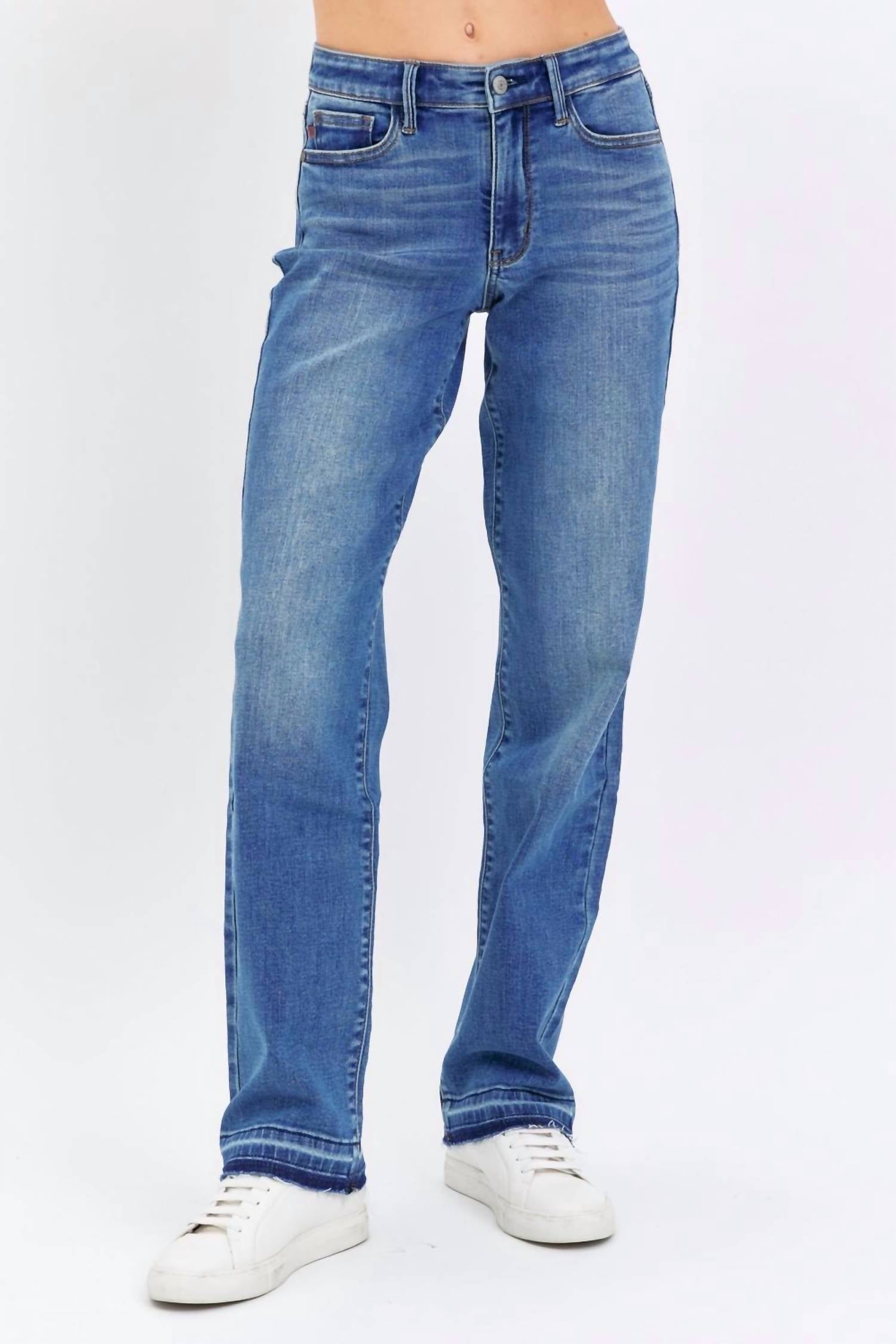 Judy Blue Mid Rise Release Hem Dad Denim Jeans in blue - women's jeans