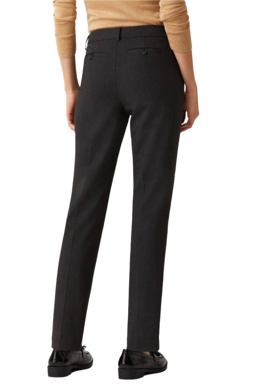 Ecru - Women's Mid Waist Hook Button Zip Closure Belt Hoop Straight Solid Crepe Pants
