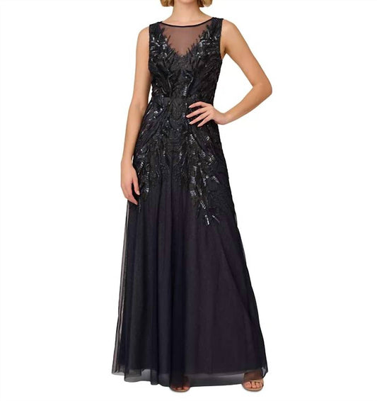 Adrianna Papell - Bead Metallic Mesh Gown