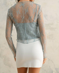 MIOU MUSE Long Sleeve Lace Fabric Top in light blue - women's long sleeve top - detail view