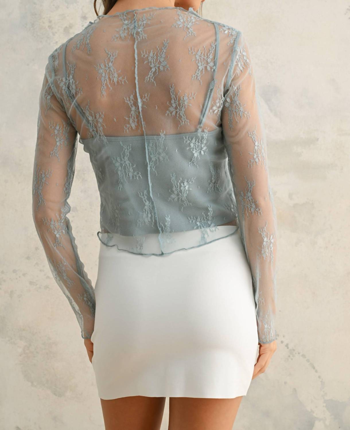 MIOU MUSE Long Sleeve Lace Fabric Top in light blue - women's long sleeve top - detail view