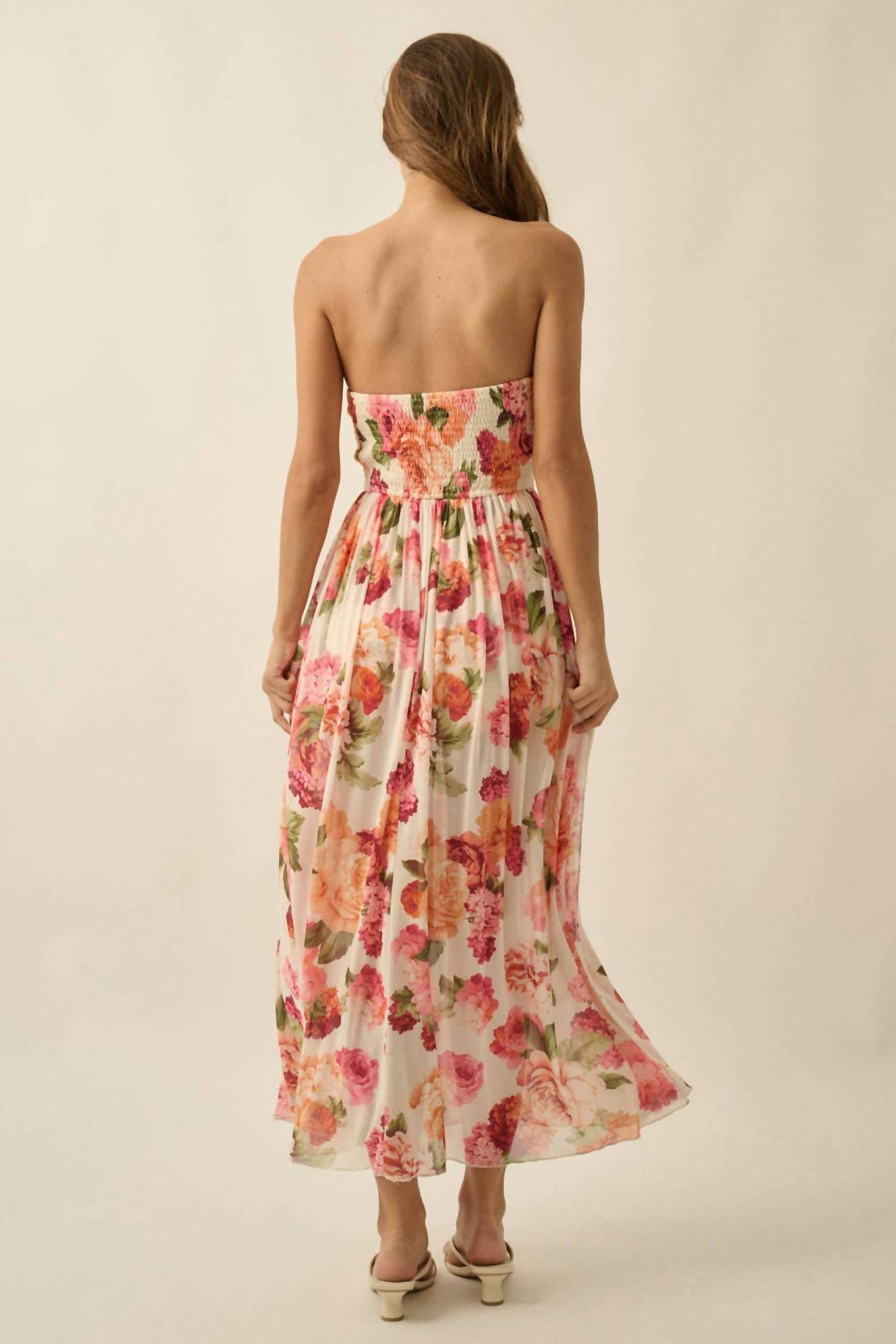 Promesa - Floral-Print Mesh Smocked Strapless Maxi Dress