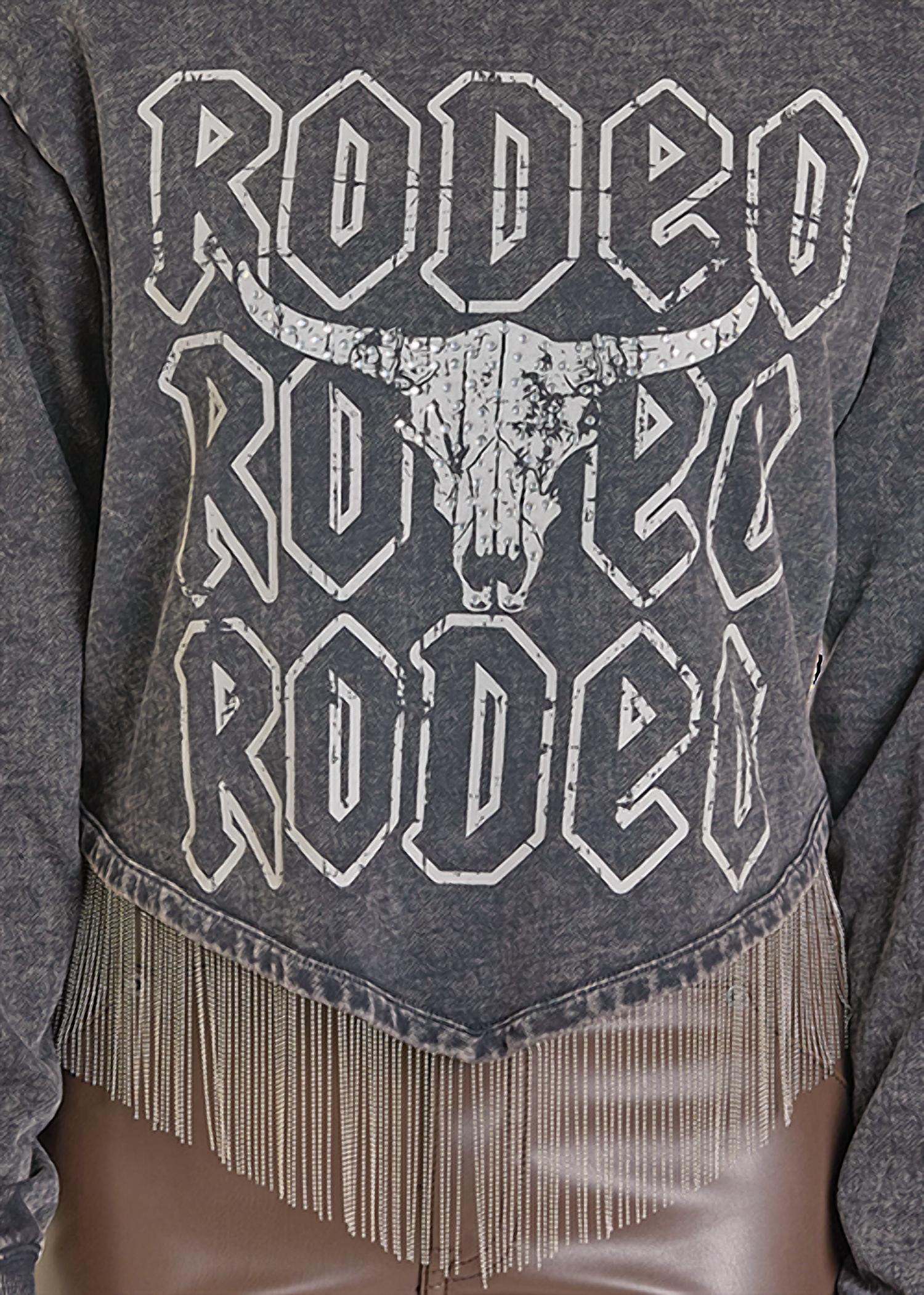 Rock & Roll Denim Graphic Pullover T Shirt With Rhinestones in charcoal - women's long sleeve top - view 4