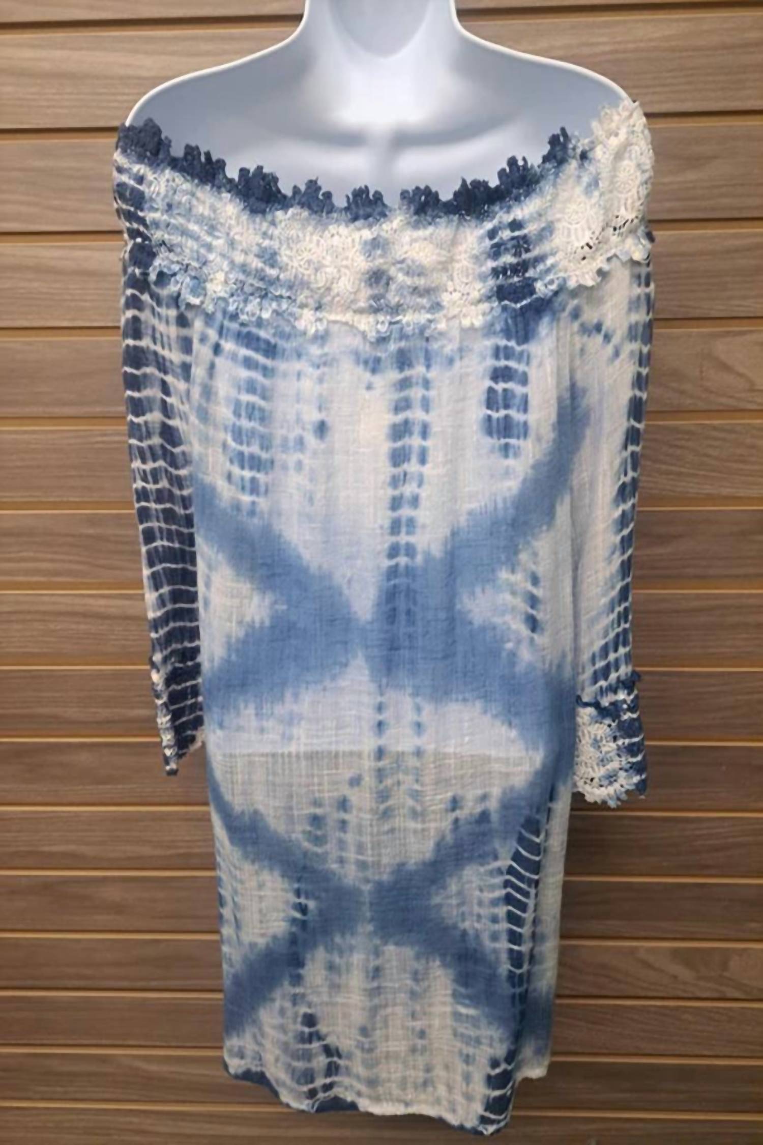 En Creme - Women's Off Shoulder Blue Tie Dye Tunic