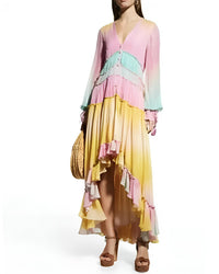 Rococo Sand - Zale Metallic Pastel High-Low Rainbow Maxi Dress
