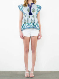 Thml - Got The Blues Flutter Sleeve Floral Tassel Tie Top