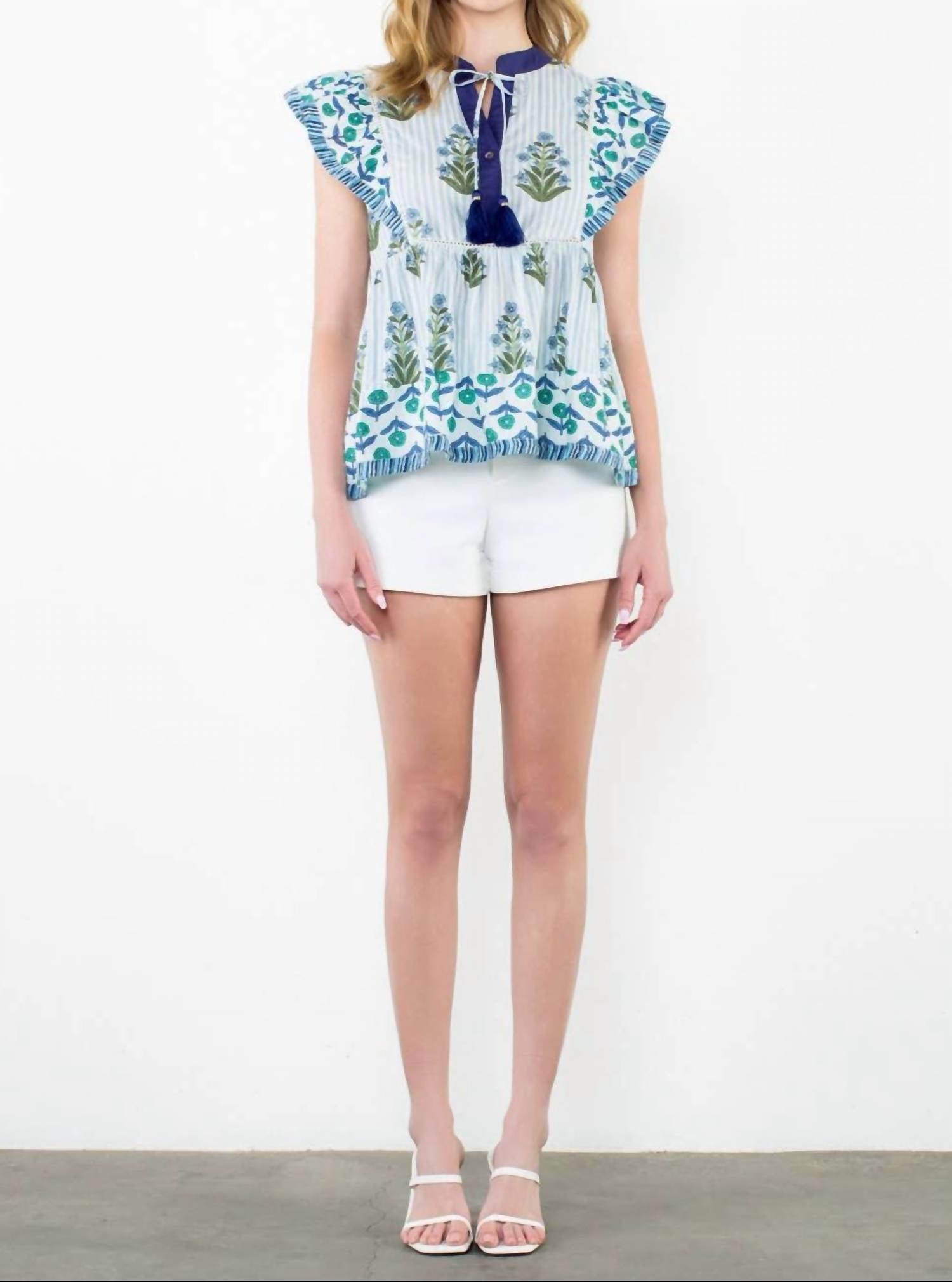 Thml - Got The Blues Flutter Sleeve Floral Tassel Tie Top