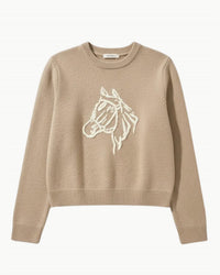 White + Warren Cashmere Blend Horse Embroidered Crewneck Sweater in misty brown ivory - women's sweater - view 4