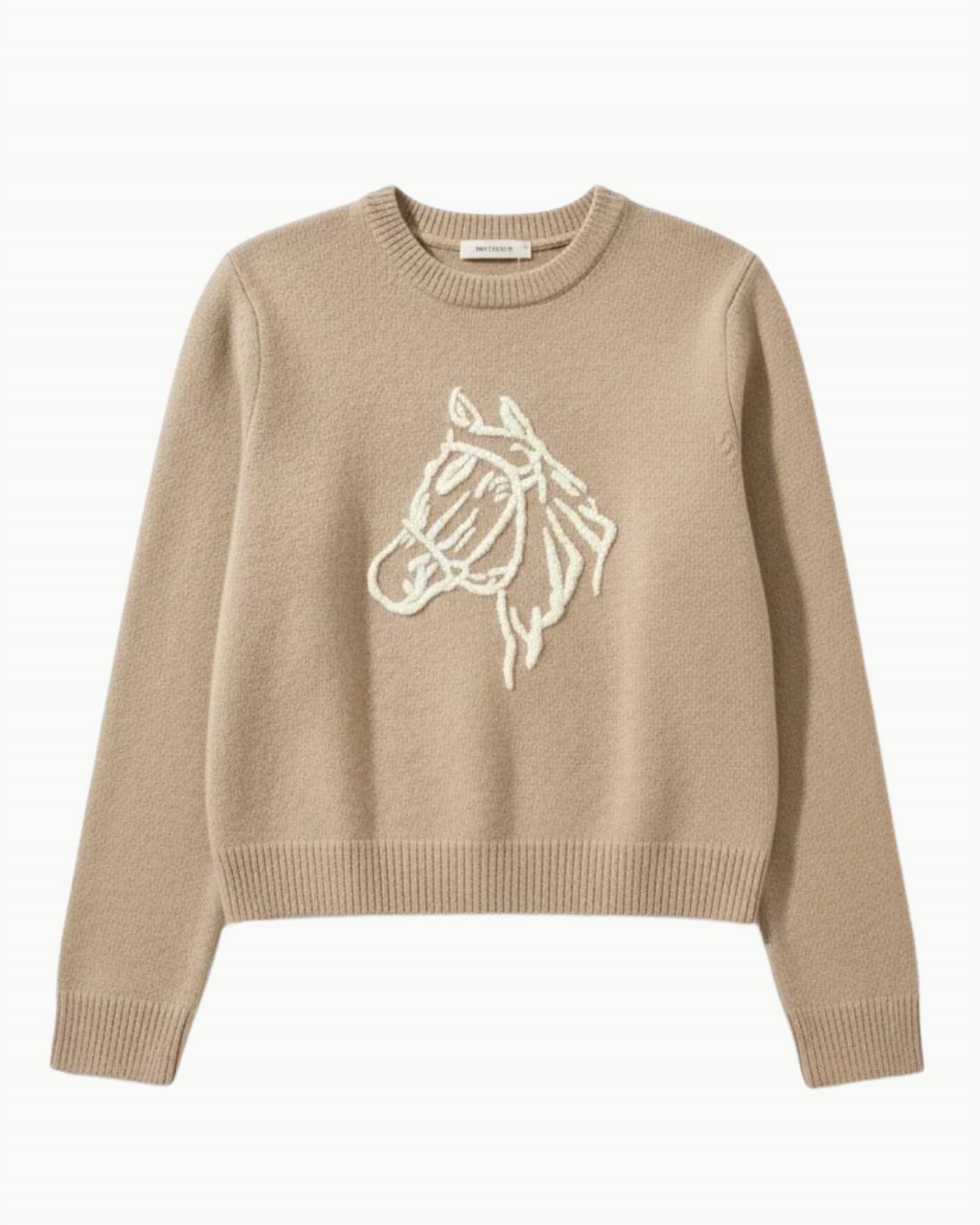 White + Warren Cashmere Blend Horse Embroidered Crewneck Sweater in misty brown ivory - women's sweater - view 4