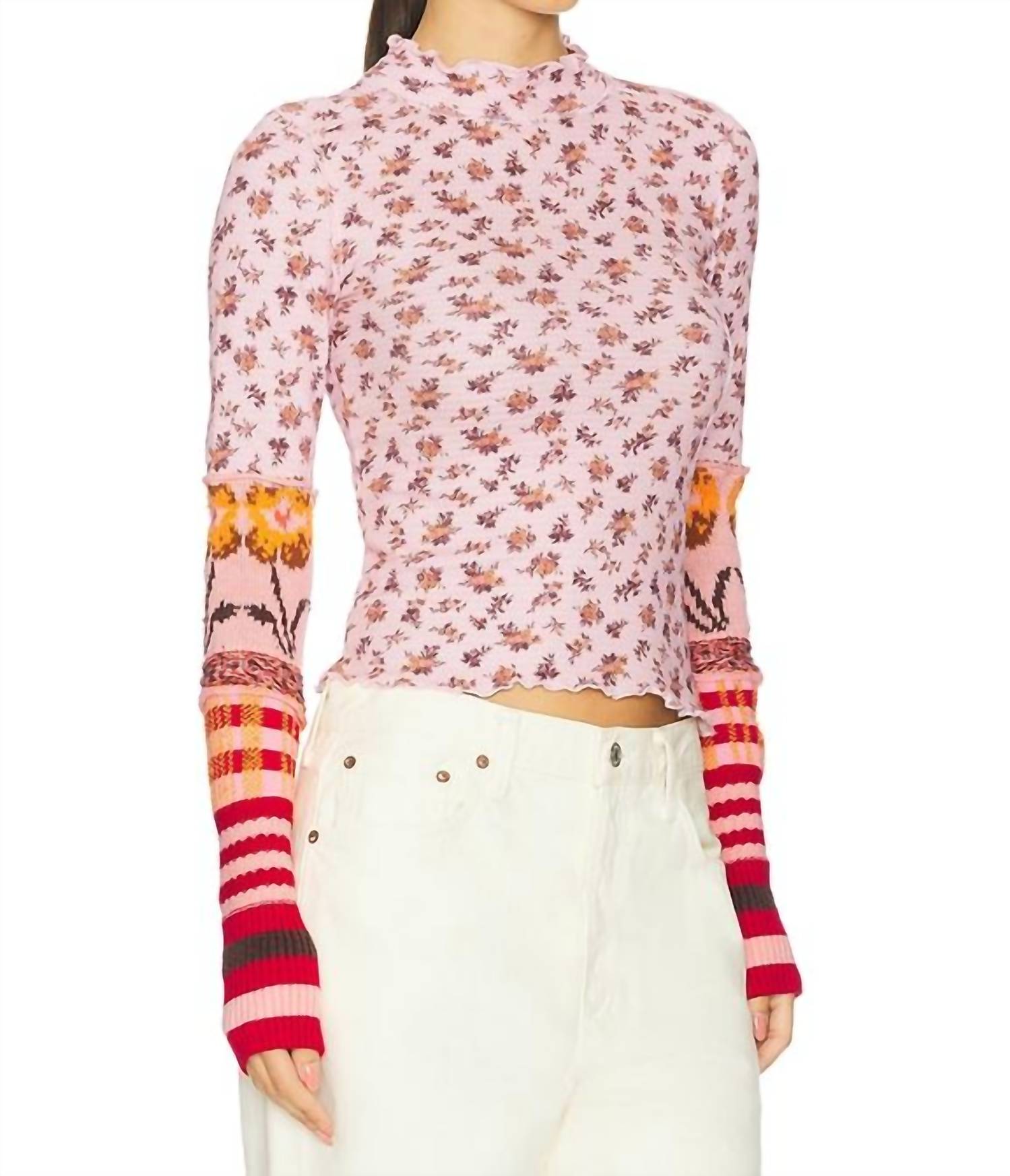 Free People Bold Bowery Folded Sleeve Top in cherry blossom combo - women's sweater - detail view