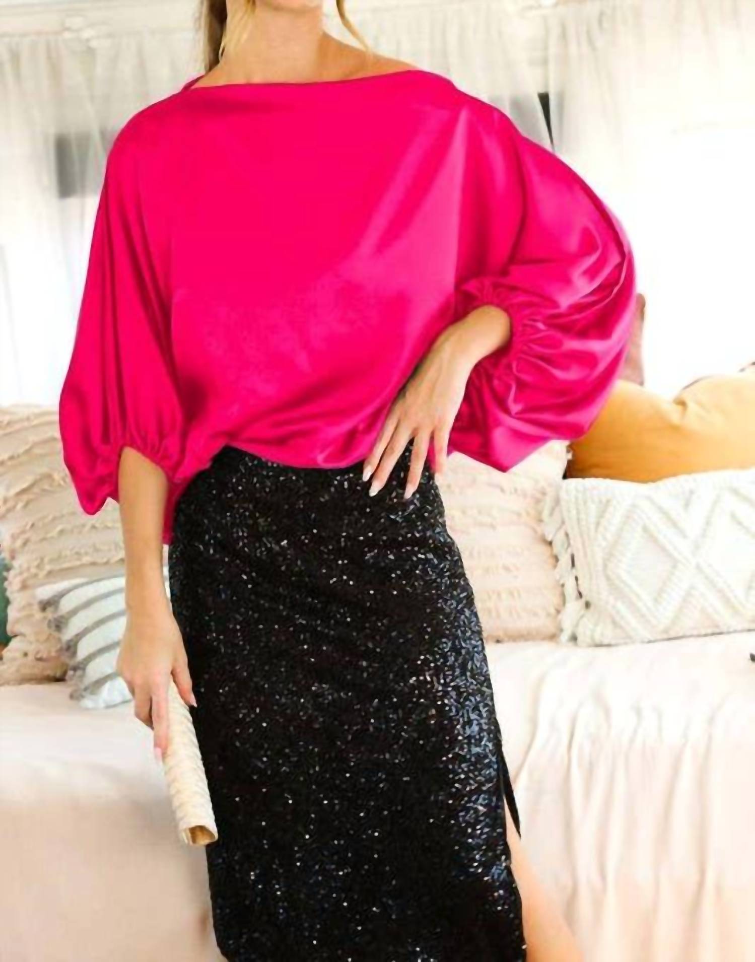 Vine & Love - Boat Neck Dolman Puff Sleeve Satin Blouse