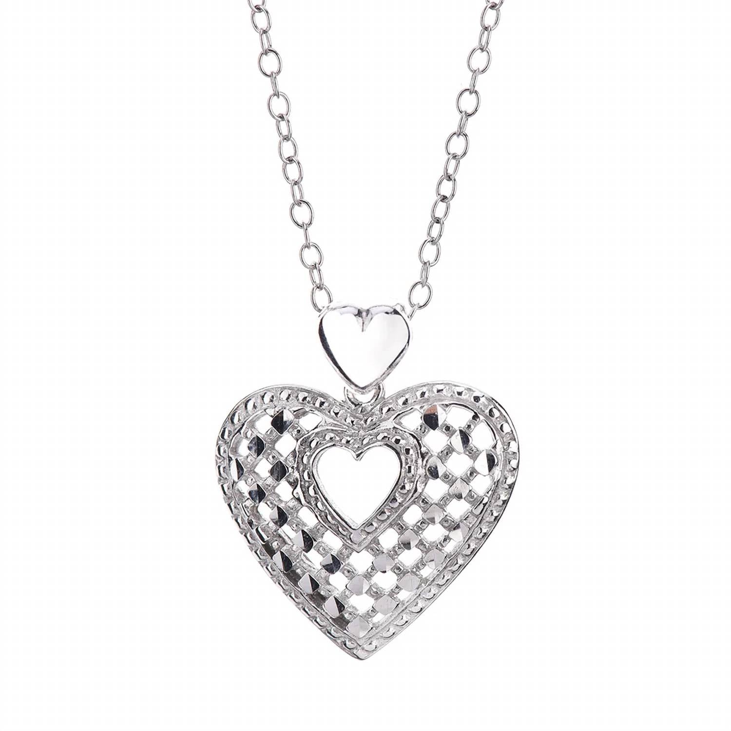 Gold & Honey - Women's Sterling Silver Quilted Drop Heart Earrings And Pendant Necklace Set