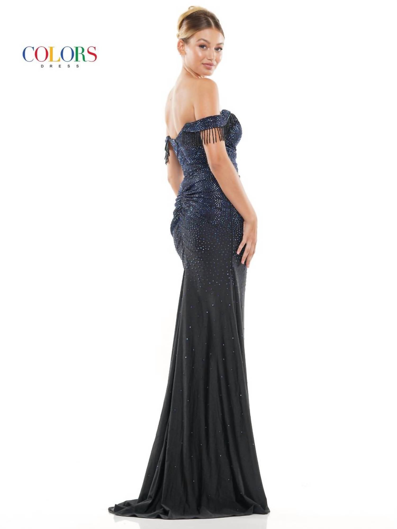 Colors Dress - Long Crystal Off The Shoulder Fringe Slit Gown