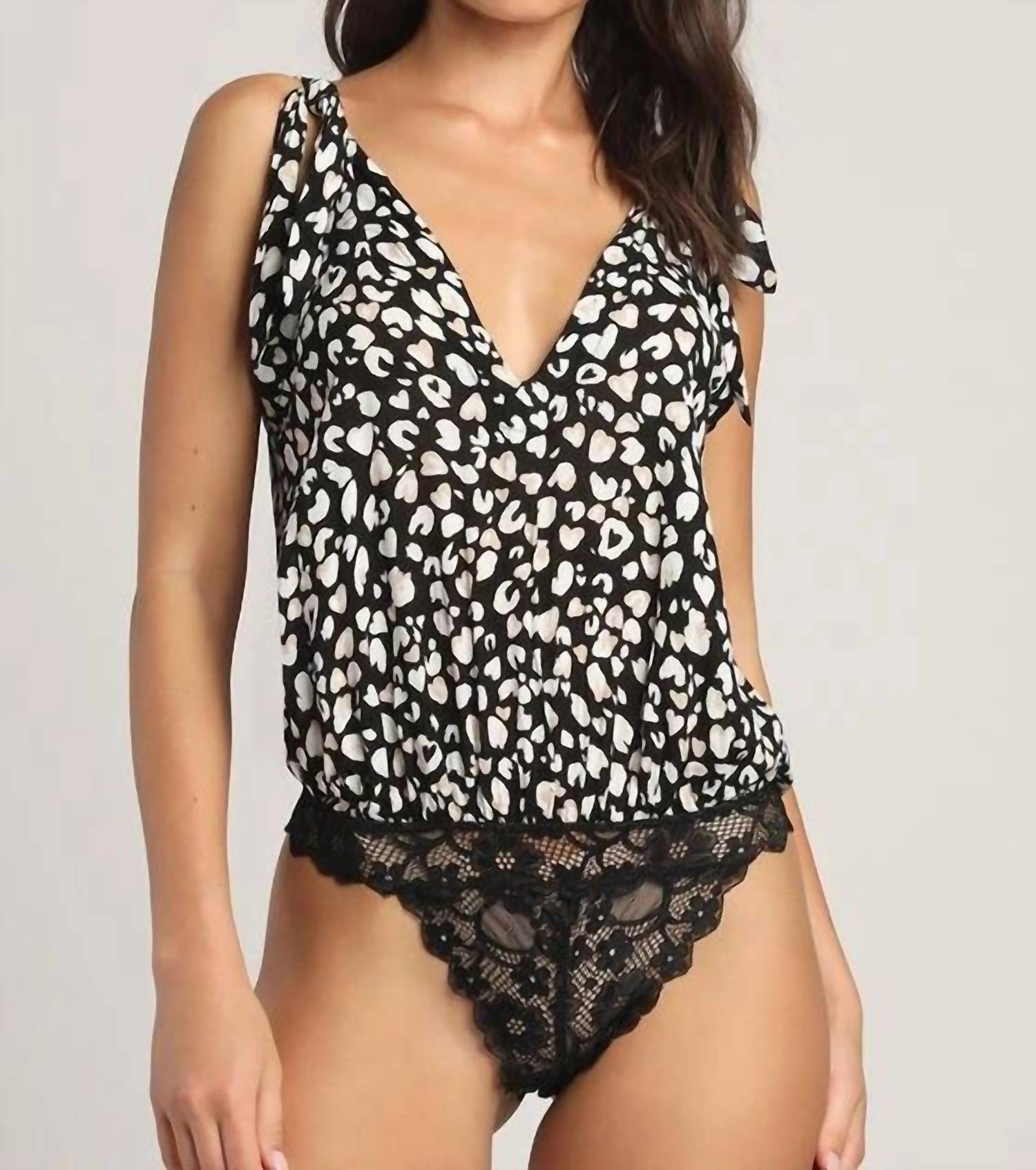 Free People Cheeta Cowl Neck Bodysuit in black combo - women's shirt